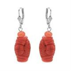 Genuine Coral & Sterling Silver Earrings.  Cute Dangle 40mm Length.  New comes with Gold Pouch