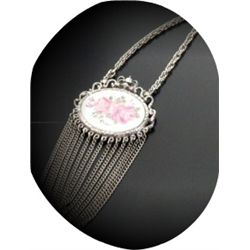 HAND PAINTED PORCELIN NECKLACE. PINK ROSE, SILVER CHAIN, VINTAGE LOOK. SIGNED PIERCE
