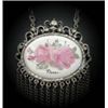 Image 2 : HAND PAINTED PORCELIN NECKLACE. PINK ROSE, SILVER CHAIN, VINTAGE LOOK. SIGNED PIERCE