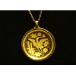 VTG 1960'S 24"  PENDANT NECKLACE. DAMASCENE 24K GOLD LEAF INLAY ON BASE METAL