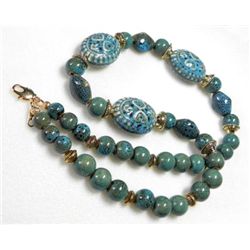 Intricate Green and Blue Detailed Ceramic Bead Necklace