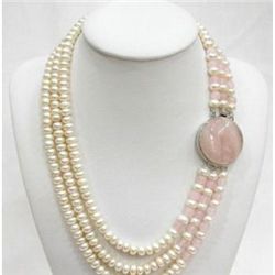 Stunning three row white freshwater Pearl and pink jade