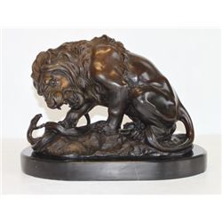 Majestic Bronze Sculpture Fighting Lion & Serpent