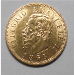 1863 Italian Gold BN 10 Lire Gold Very Ch BU