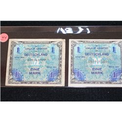 1944 German Eine Mark Allied Military Authority Foreign Note, Lot of 2