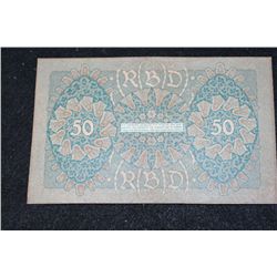 1919 German 50 Funfzig Mark Foreign Bank Note