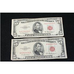 1953-A United States Note $5, Red Seal, Lot of 2