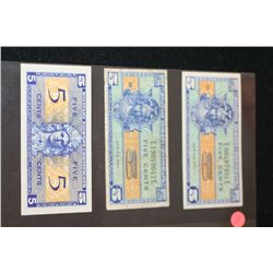 US Military Payment Certificate 5 cents, Lot of 3