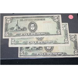 The Japanese Gov't Five Pesos Foreign Note, Lot of 3