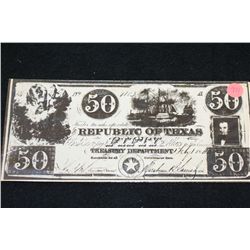 184? Republic of Texas $50 Bank Note (Copy) From Frontier Times Museum
