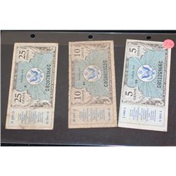 US Military Payment Certificate, 5 Cent, 10 Cents & 25 Cents, Lot of 3