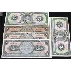 1954 Mexico Un Peso Foreign Bank Note, 1961 Mexico Un Peso Foreign Bank Note, 1963 Mexico Cinco Peso