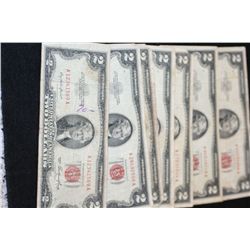 1953 United States Note $2, Red Seal, Lot of 7