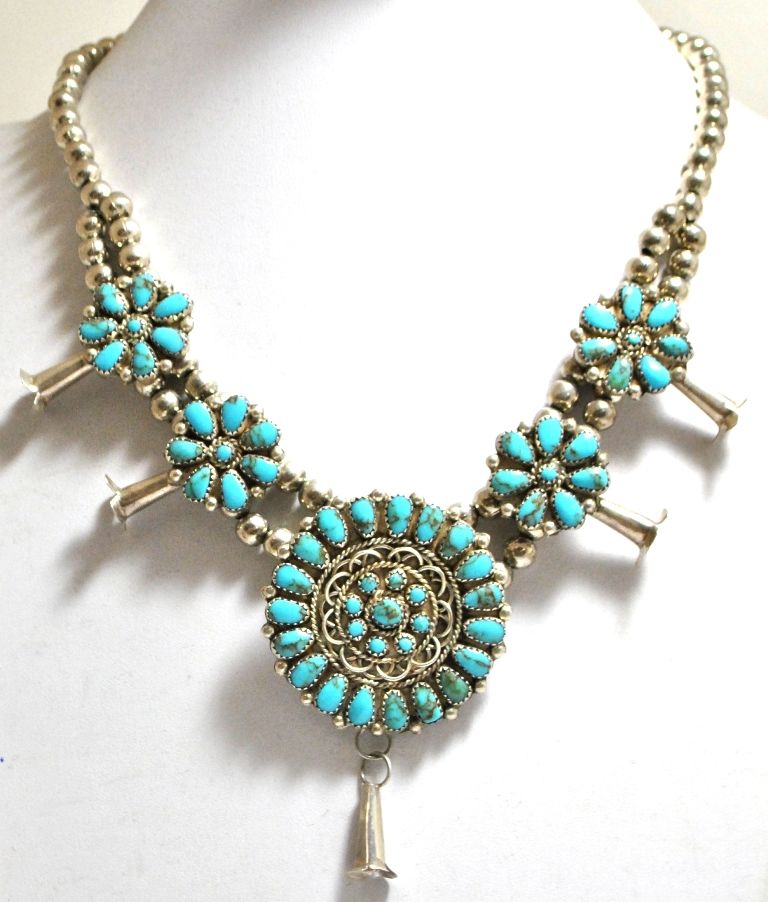 Old Pawn Navajo Turquoise Sterling Silver Squash Blossom Necklace HG