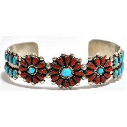 Old Pawn Zuni Coral & Turquoise Petit Point Sterling Silver Cuff Bracelet - Irene Paylusi