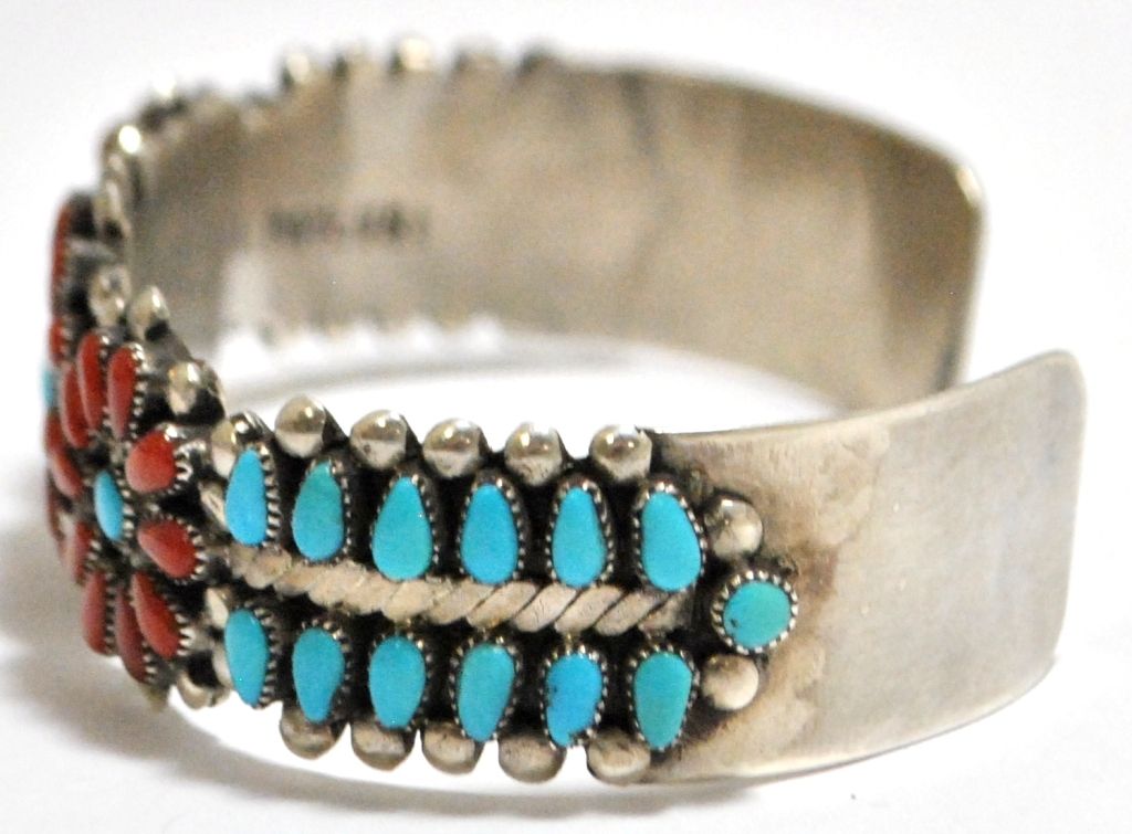 Old Pawn Zuni Coral & Turquoise Petit Point Sterling Silver Cuff