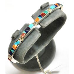 Navajo Multi-Stone Inlay Sterling Silver Link Bracelet - Calvin Begay