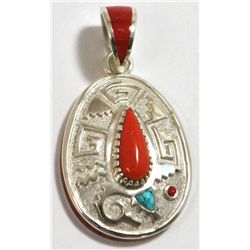 Navajo Coral & Turquoise Sterling Silver Pendant - Michael Perry