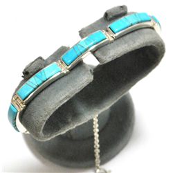 Navajo Turquoise Inlay Sterling Silver Link Bracelet - Calvin Begay
