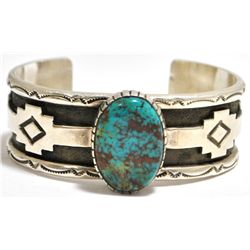 Old Pawn Navajo Blue Diamond Turquoise Sterling Silver Cuff Bracelet - Oscar Alexius