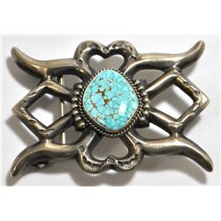 Old Pawn Navajo Spider Web #8 Turquoise Sterling Silver Buckle - Harrison Bitsue