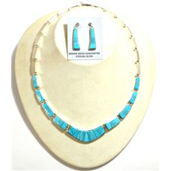Navajo Turquoise Inlay Sterling Silver Link Necklace & Post Earrings Set - Calvin Begay