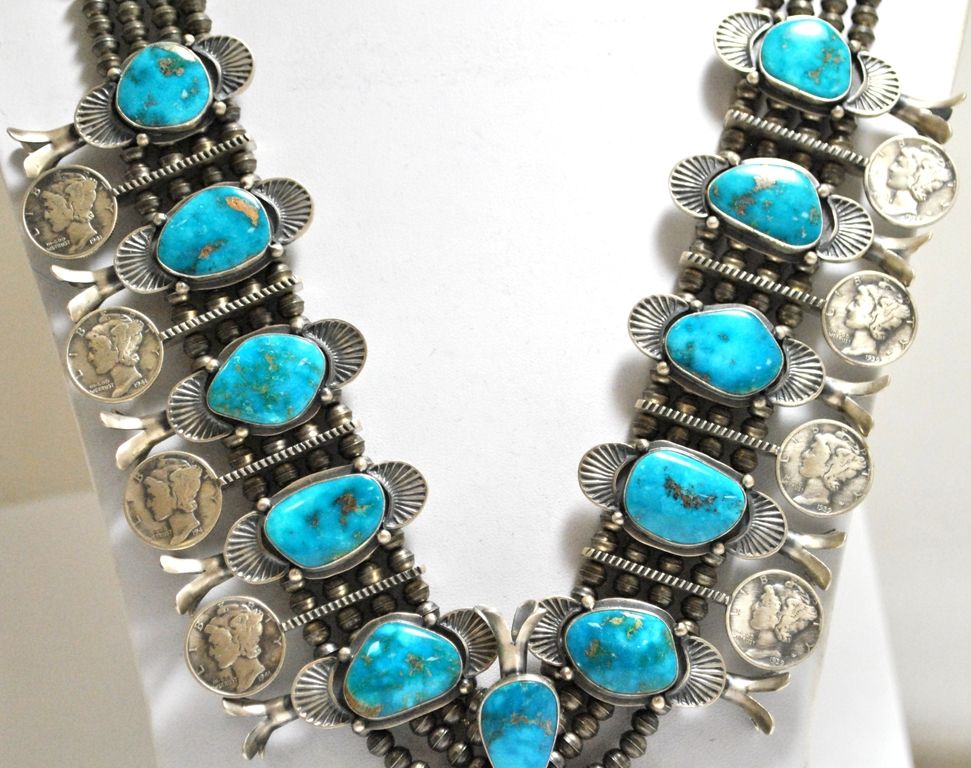 Old Pawn Navajo Rare Morenci Turquoise & Mercury Dime Sterling Silver