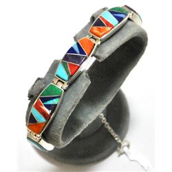 Navajo Multi-Stone Inlay Sterling Silver Link Bracelet - Calvin Begay