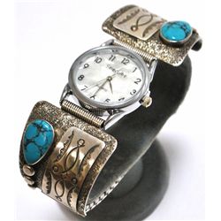 Old Pawn Spider Web Turquoise Sterling Silver Men's Watch - Oscar Alexius