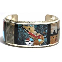 Zuni Multi-Stone Bear Sun Face & Pueblo Sterling Silver Cuff Bracelet Gilbert & Mildred Calavaza