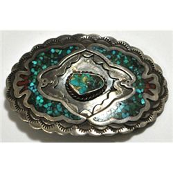 Old Pawn Turquoise & Coral Double Bird Sterling Silver Buckle - B