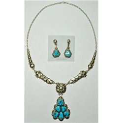 Navajo Sleeping Beauty Turquoise Sterling Silver Necklace & Earrings Set - Clem Nalwood