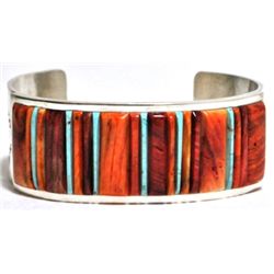 Navajo Spiny Oyster & Turquoise Sterling Silver Cuff Bracelet - Veronica Benally