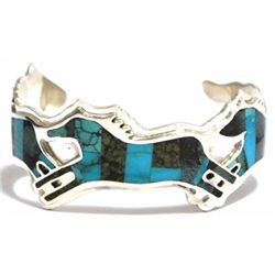 Navajo Various Turquoise Inlay Running Horses Sterling Silver Cuff Bracelet - Francis