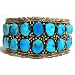 Old Pawn Turquoise Cluster Sterling Silver Cuff Bracelet - MN
