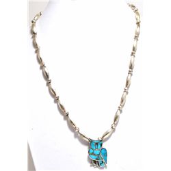 Old Pawn Turquoise Inlay Owl Sterling Silver Necklace