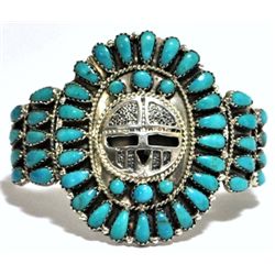 Old Pawn Turquoise Needlepoint Sun Face Sterling Silver Cuff Bracelet - LMB