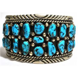 Old Pawn Turquoise Cluster Sterling Silver Cuff Bracelet - Tommy Moore