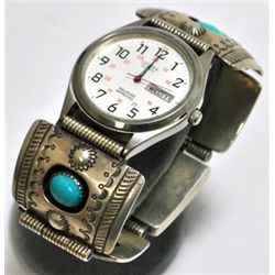 Old Pawn Turquoise Sterling Silver Link Bracelet Men's Watch