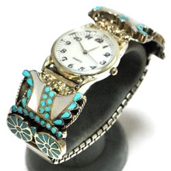 Old Pawn Turquoise & Mother of Pearl Sterling Silver Men's Watch - VM Dishta