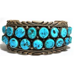 Old Pawn Turquoise Cluster Sterling Silver Cuff Bracelet - R