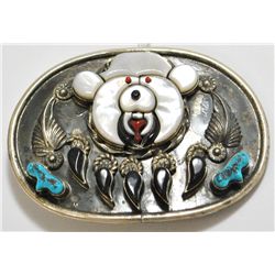 Old Pawn Multi-Stone Inlay Bear and Claws Sterling Silver Buckle - Ray & Eva Wyaco