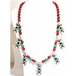 Old Pawn Multi-Stone Inlay Sterling Silver Bird Pendant & Wooden Bead Necklace - L. Laiwakete