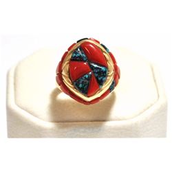 Old Pawn Navajo Coral & Spider Web Turquoise Inlay 14k Gold Women's Ring - Ervin Hoskie