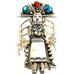 Old Pawn Coral & Turquoise Sterling Silver Kachina Cuff Bracelet - BB?