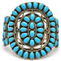 Old Pawn Navajo Turquoise Cluster Sterling Silver Bracelet - J.M.