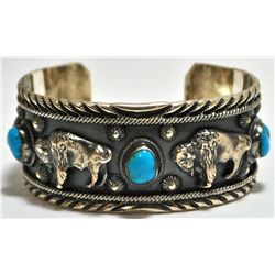 Navajo Turquoise Sterling Silver Buffalo Cuff Bracelet - RB