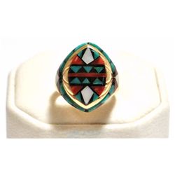 Old Pawn Navajo Multi-Stone Inlay 14k Gold Women's Ring - Ervin Hoskie