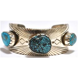 Old Pawn Navajo Rare Morenci & #8 Spider Web Turquoise Sterling Silver Cuff Bracelet - Jay Livingsto