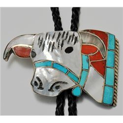 Zuni Multi-Stone Cow Sterling Silver Bolo Tie - Helen & Lincoln Zunie